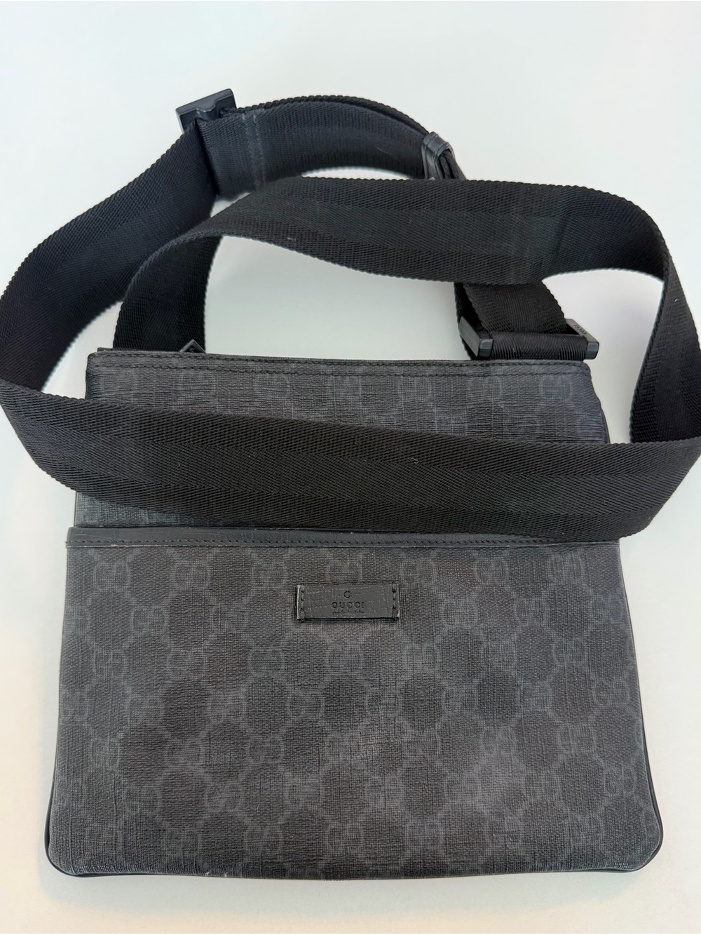 Authentic Gucci Men's Black GG Canvas Messenger Bag with Wide Strap
